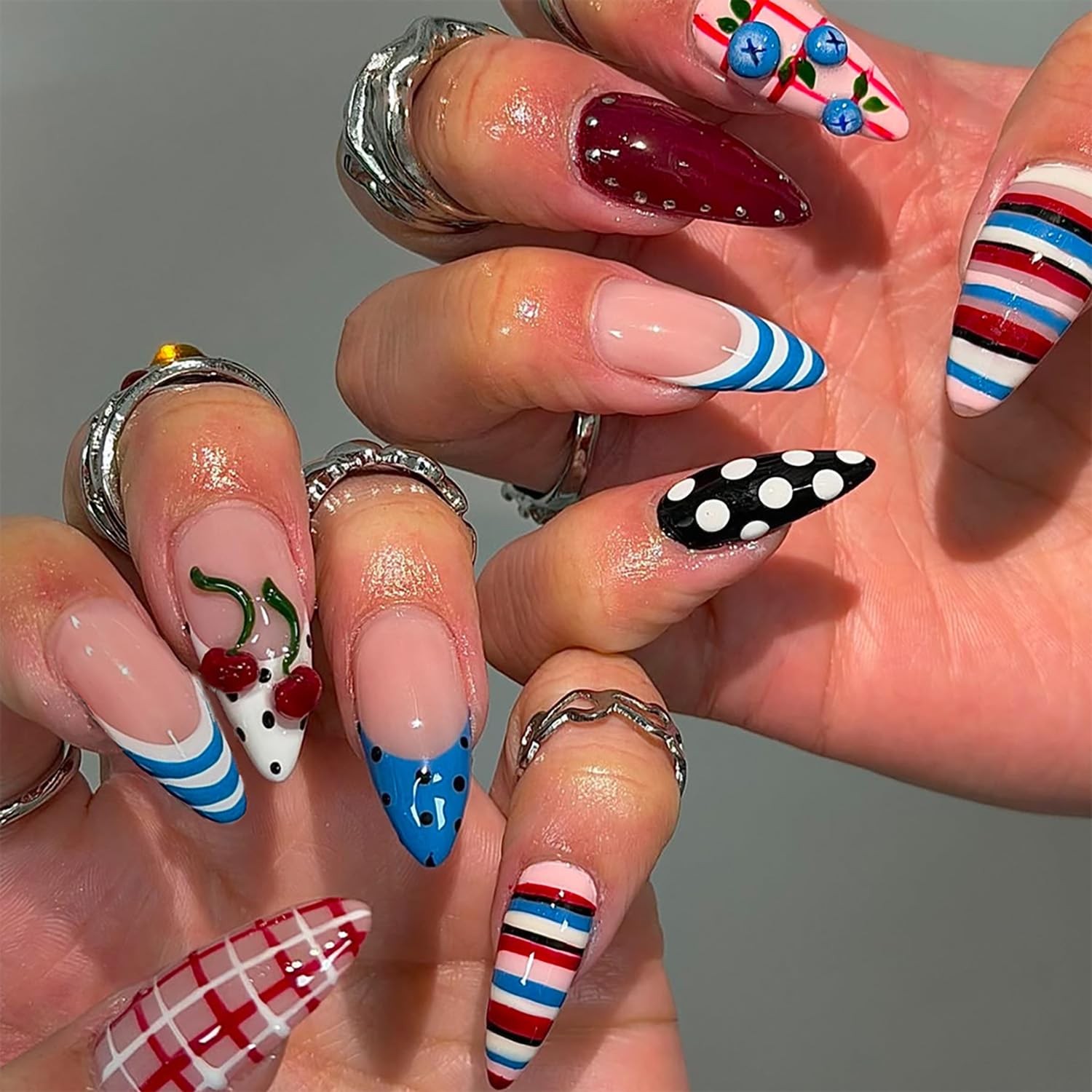 24Pcs Summer Press on Nails Medium Almond Fake Nails with 3D Cherry Blueberry…
