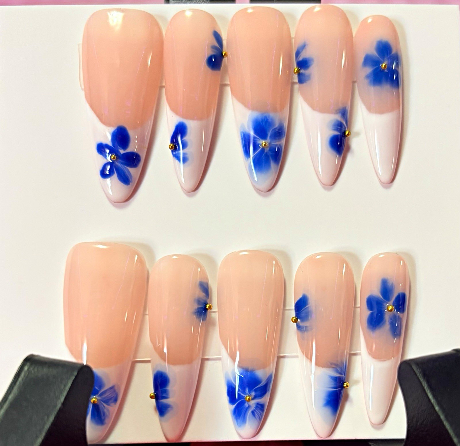 Pink/Blue Flower Coffin Press-On Nails Set, Long Shiny Full Cover Acrylic