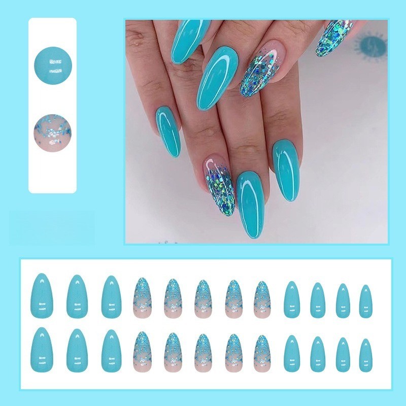 72pcs-Summer Vibe Press on Nails, Almond with Turquoise and Sparkly Glitter