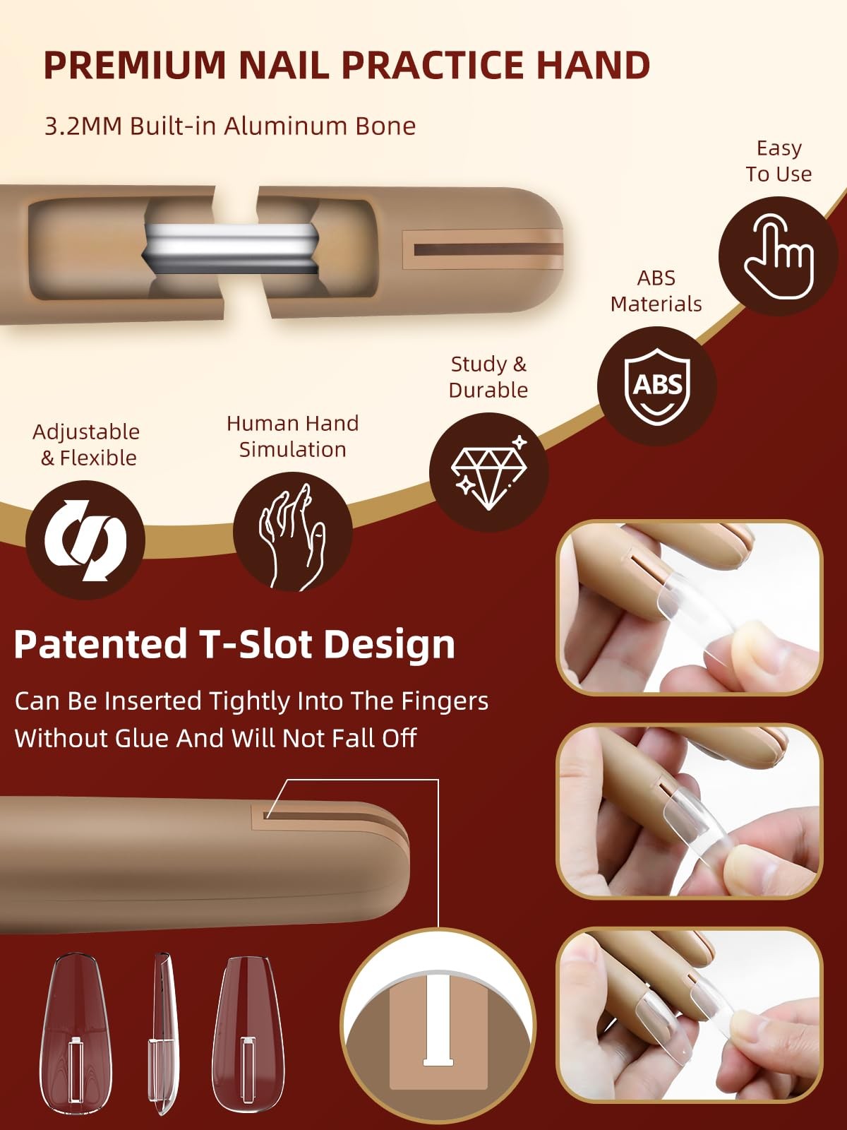 NIQZOPA Practice Hand for Acrylic Nails, Tips Won’t Fall Off Mannequin Brown
