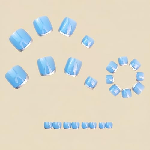 Summer Press on Toe Nails – Silver French Fake Toenails – Short Square Design 1