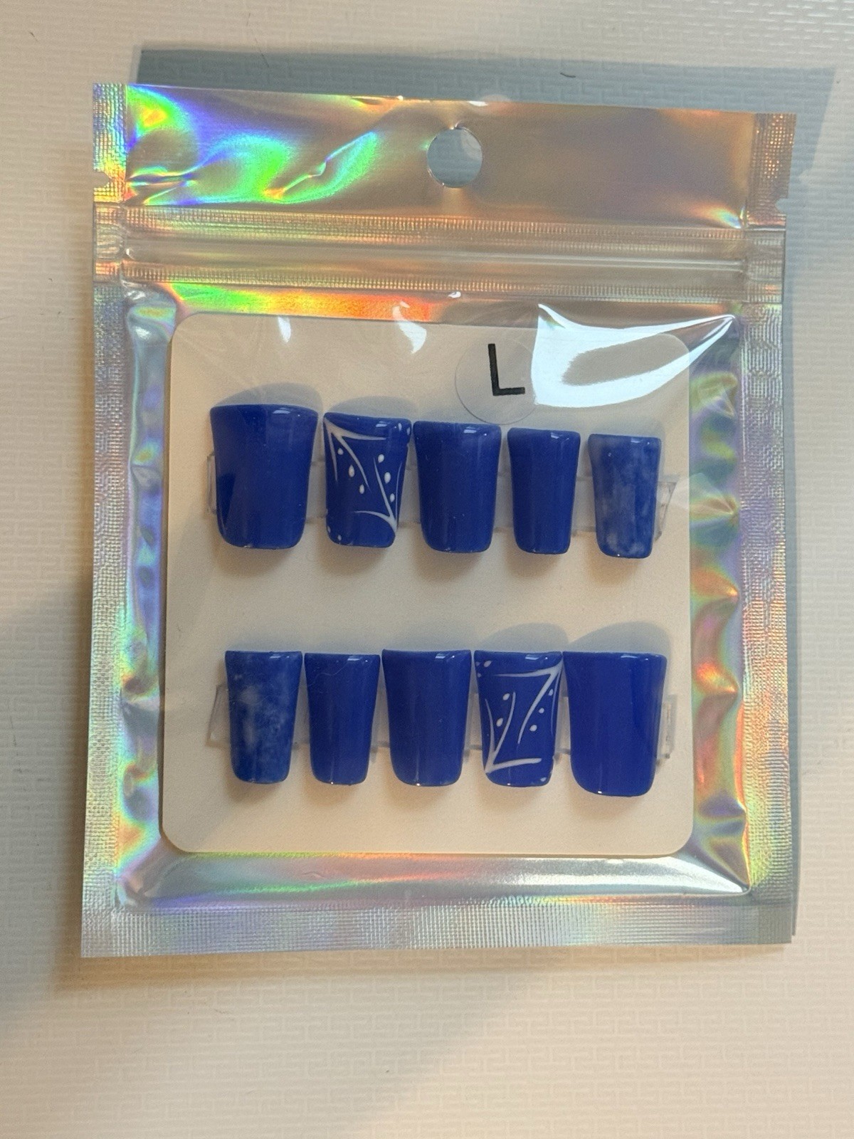 Glossy Blue & White Abstract Duck Press-On Nails, Pre-Designed Set, size Large