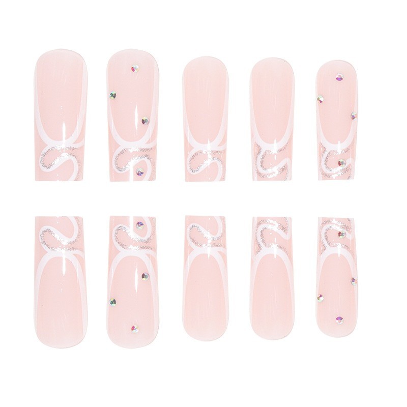 48pcs-Glossy Nude Press on Nails, Coffin with White Swirl and Rhinestone Details