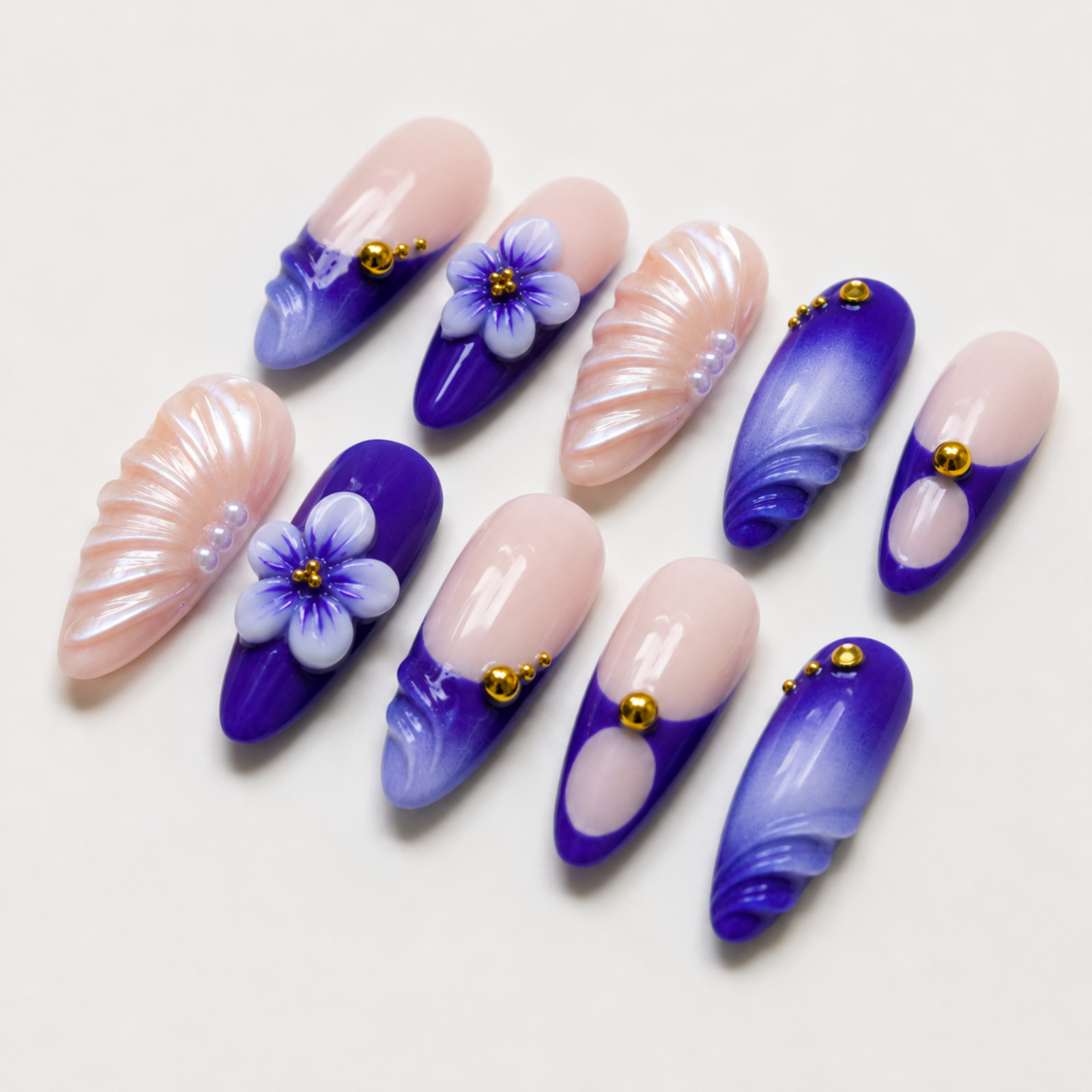 Handmade Purple Nude Press On Nails 3D Flower Gold Tone Nail Set