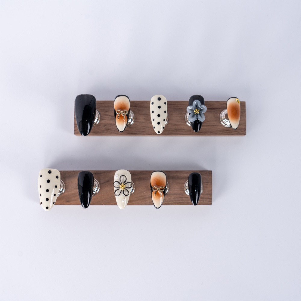 10pcs Black White Brown Almond Nails 3D Polka Dot Flower Unique Design