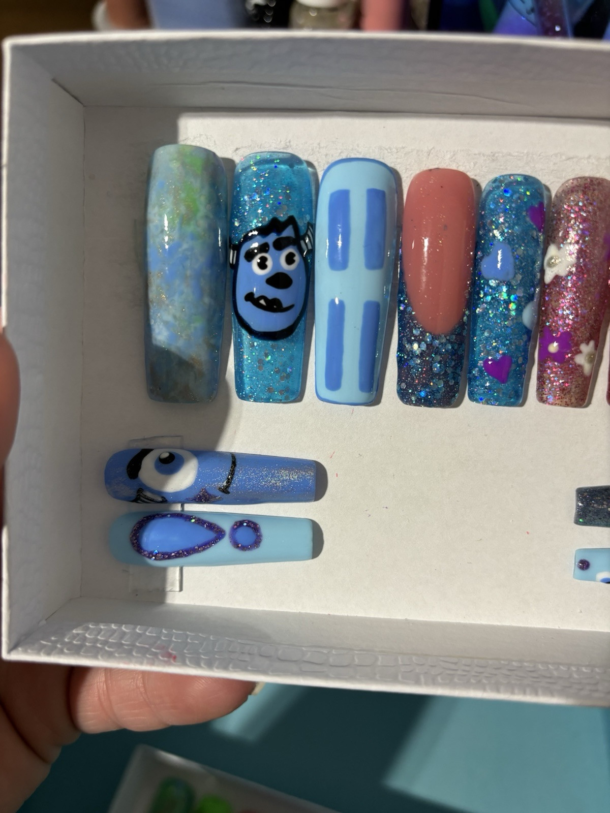 Monsters Inc Nails Press On Nails With Pink, Blue , Green & Purple Handmade