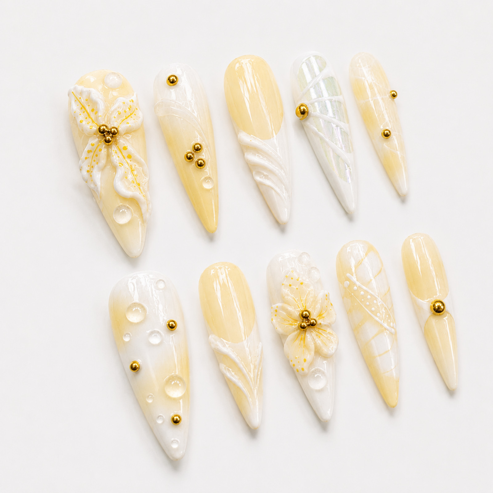 Handmade Yellow White Floral Press On Nails 3D Flower Gold Bead Set