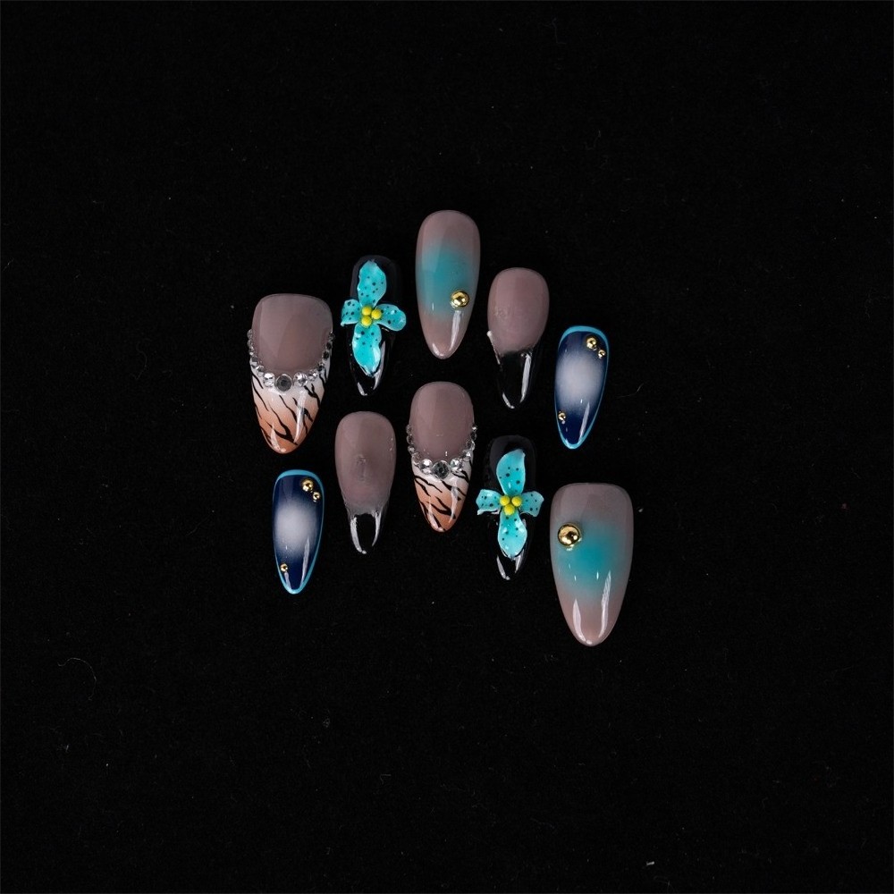 10pcs Handcrafted Blue Ombre Press On Nails Medium Almond Reusable Nails Gift