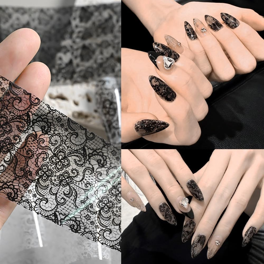 Lace Nail Foil Sheets, 10 Rolls Black White Flower Nail Foils Transfer Nail Art
