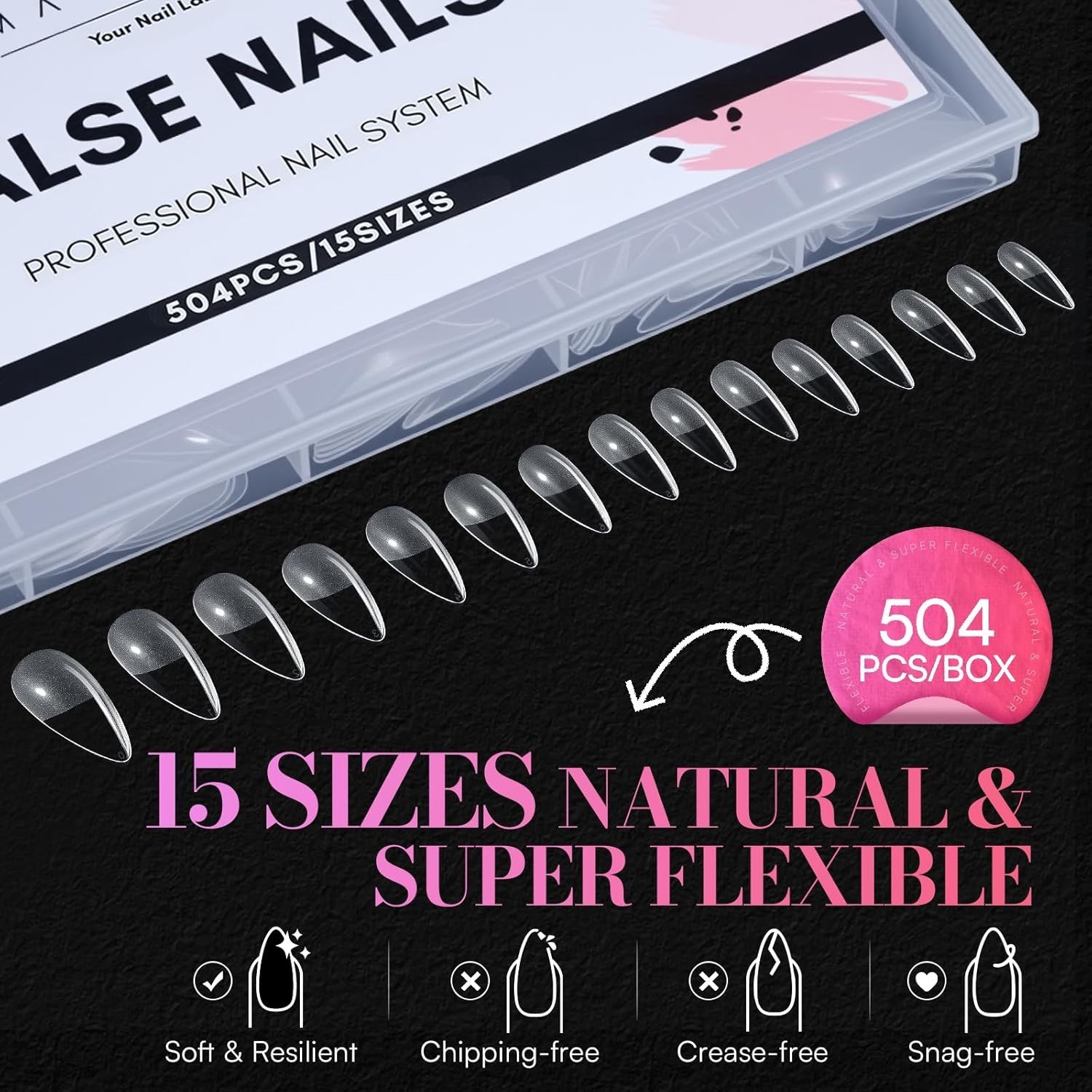 Flexible & Elegant Medium Almond Stiletto Nail Tips – 504 PCS Clear Press-Ons
