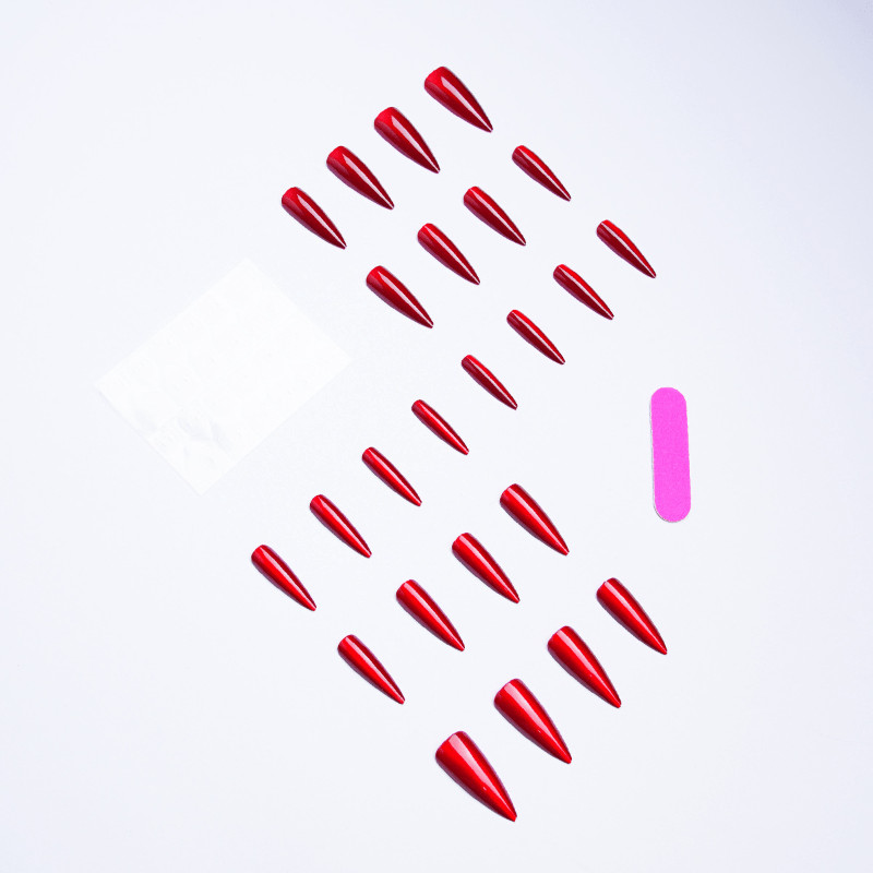 48 Pcs Red Metallic Press on Nails, Stiletto Glossy Shiny Fake Nails for Women