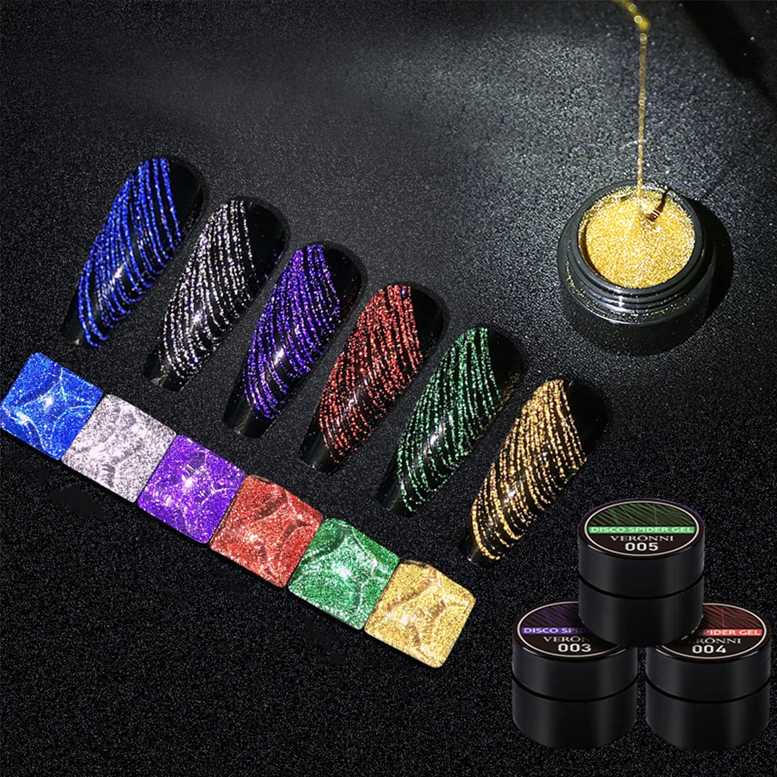 VERONNI Reflective Glitter Spider Gel, 6 Colors 1 Count (Pack of 6), 6 color