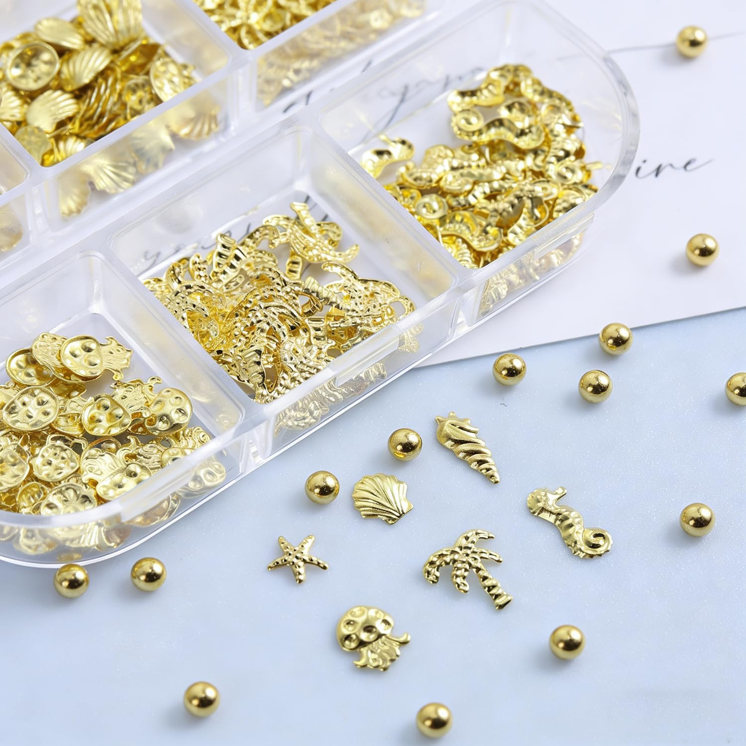 Nail Charms, 2Boxes Gold Silver Summer Ocean Nail Charms and Gems, Metal Small S