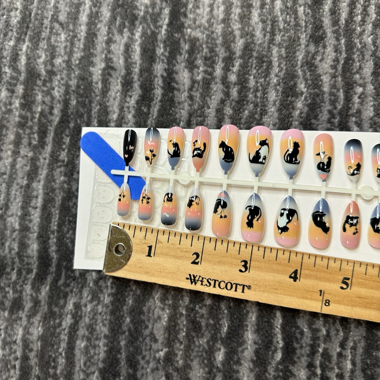 Cat Fake Nails Press On 24 Pack Kit Long Point Tuxedo Cat Black Cat Lady Gift