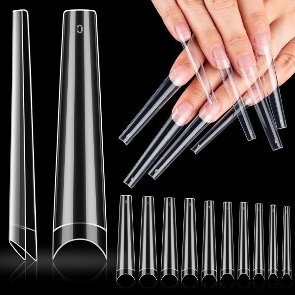 500 Pcs Nail Tips Extra Long XXL Clear Coffin NO C c Fake Acrylic – Masterpi..