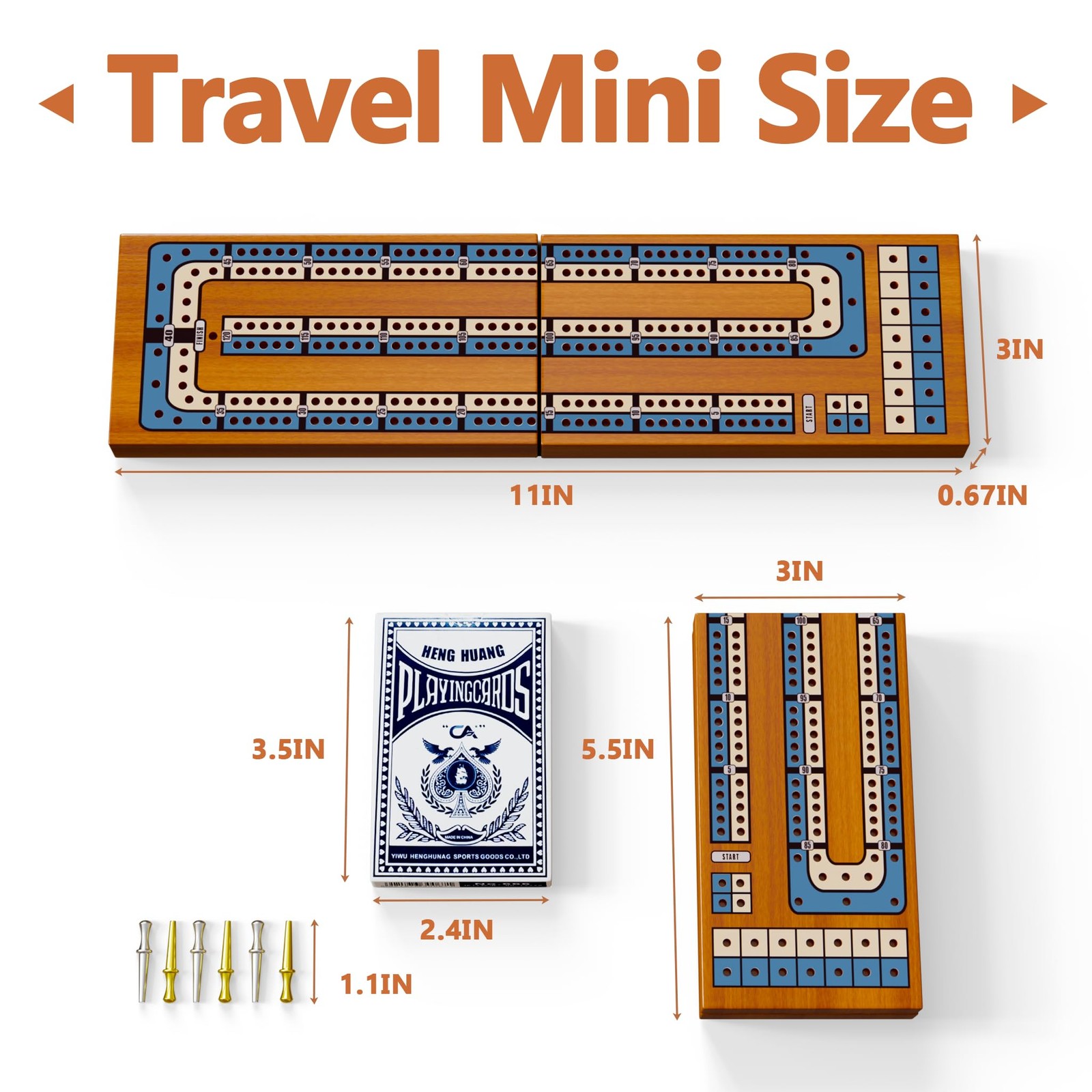 Small Size Travel Wooden Cribbage Board Game Set – 2-Track Small, Wood