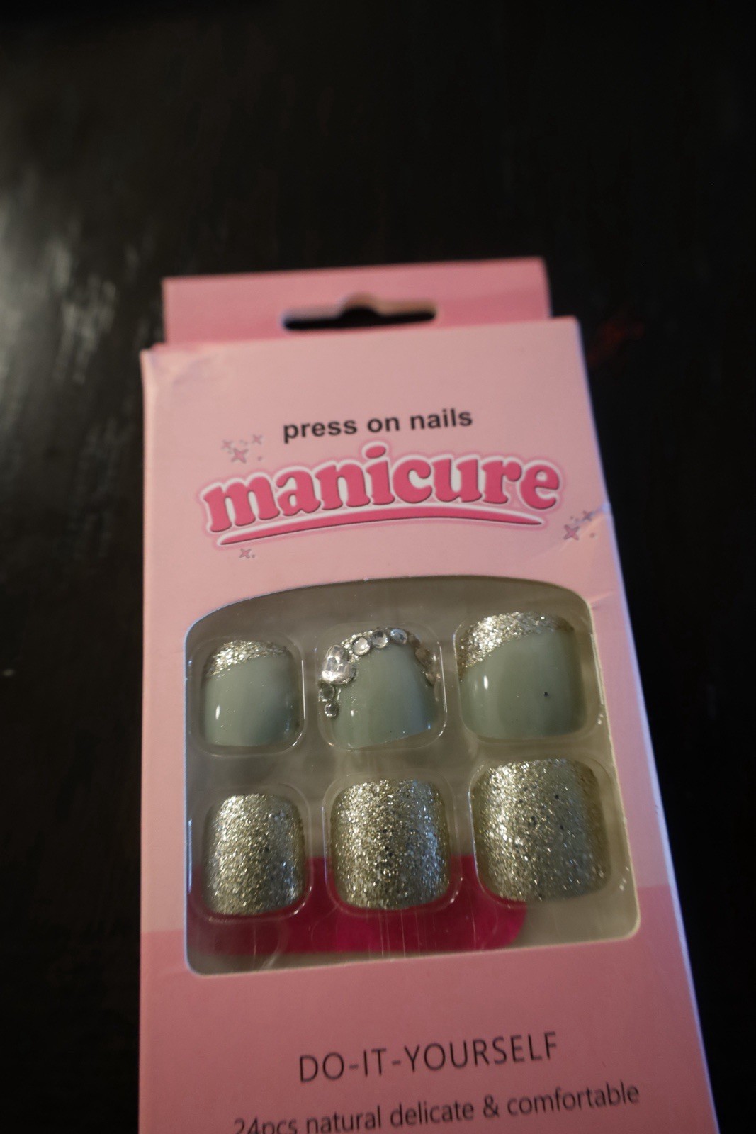 Silver Light Green Glitter 3D Square Press-On Nails Set Full Cover 24pcs