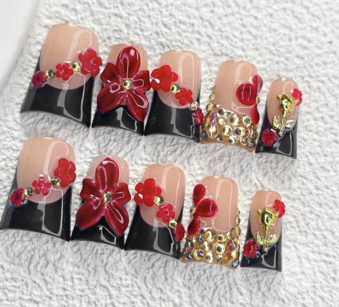 3D Flower Black Red Gold Nude Square Press-On Nails Acrylic Set