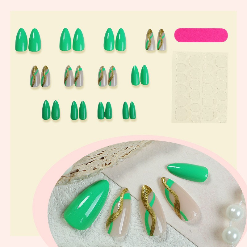 48Pcs-Sage Green Nude French Tip Almond Press on Nails with Gold Line Fake Tips