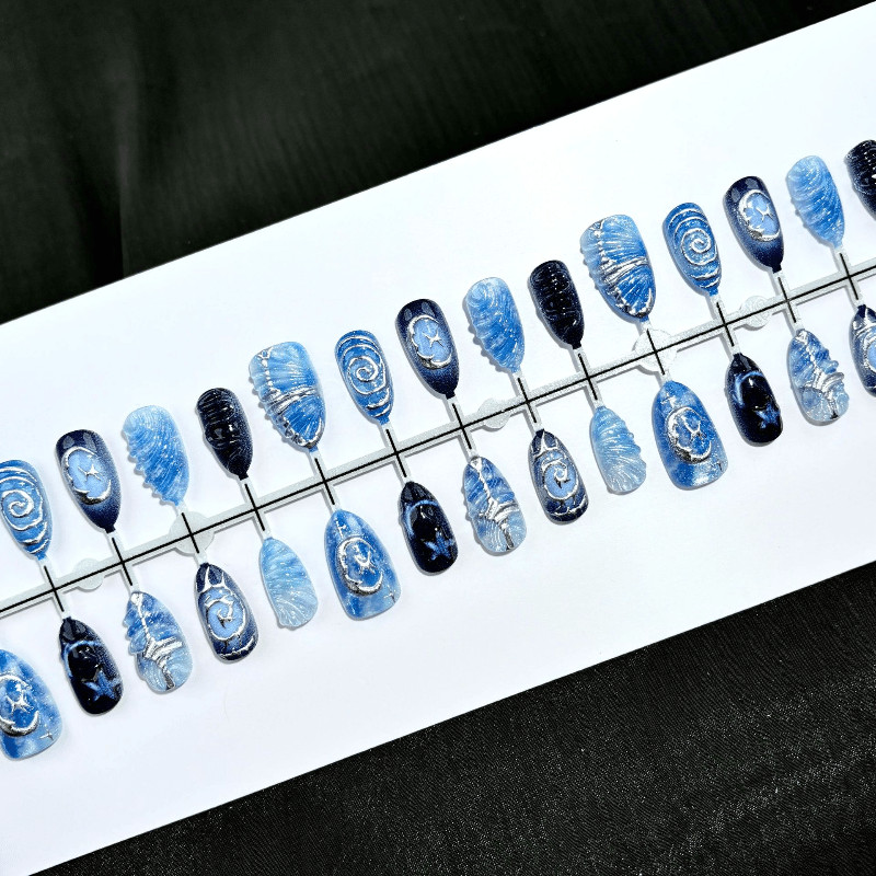 60 Pcs Blue Moon Metallic Oval Press On Nails, Y2K Cool Glossy Fake Nails
