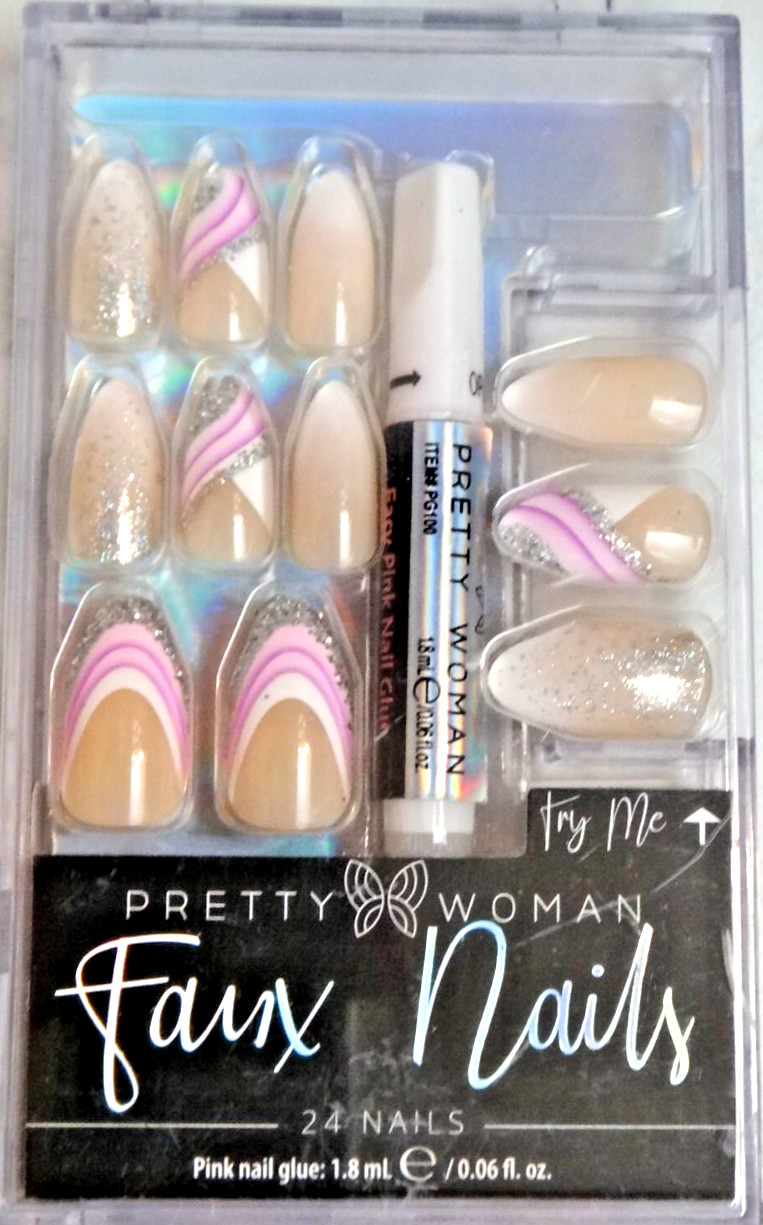 Pretty Women 24 Natural Faux Nails Pink Nail Glue – French Almond Silver Glitter