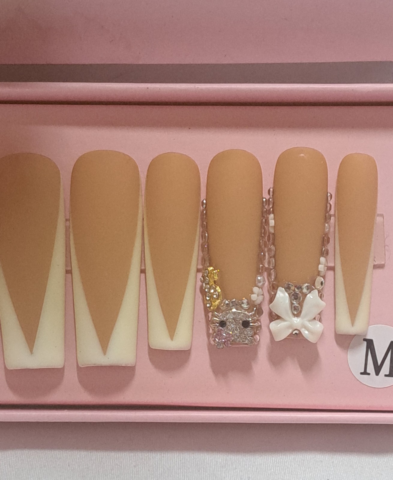 Handmade Hello Kitty Press On Nail Stiletto Nude French Tip Bling Rhinestone Bow