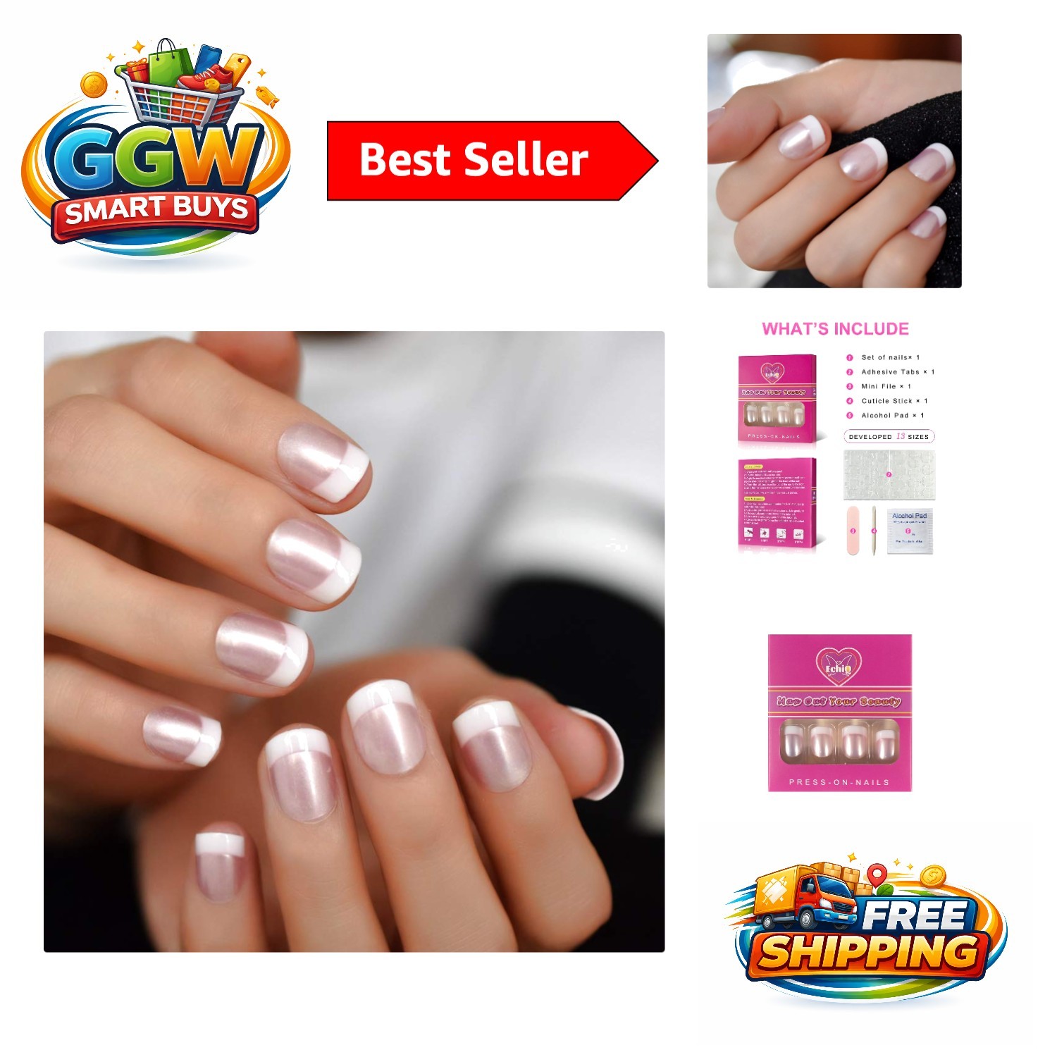 Elegant Glossy Pearl Pink French Nails – 24pcs with Easy Adhesive Application