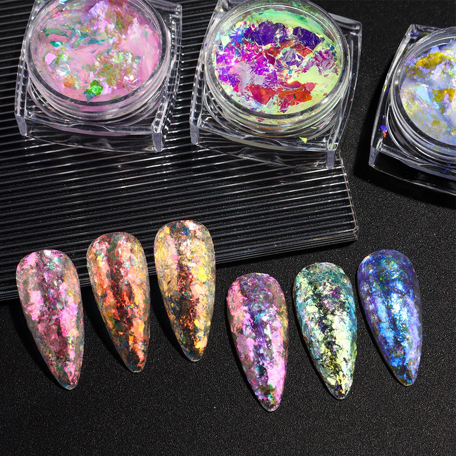 6pcs Aurora Opal Nail Glitter Flakes Iridescent Nail Pigment Crystal Mermaid Spa