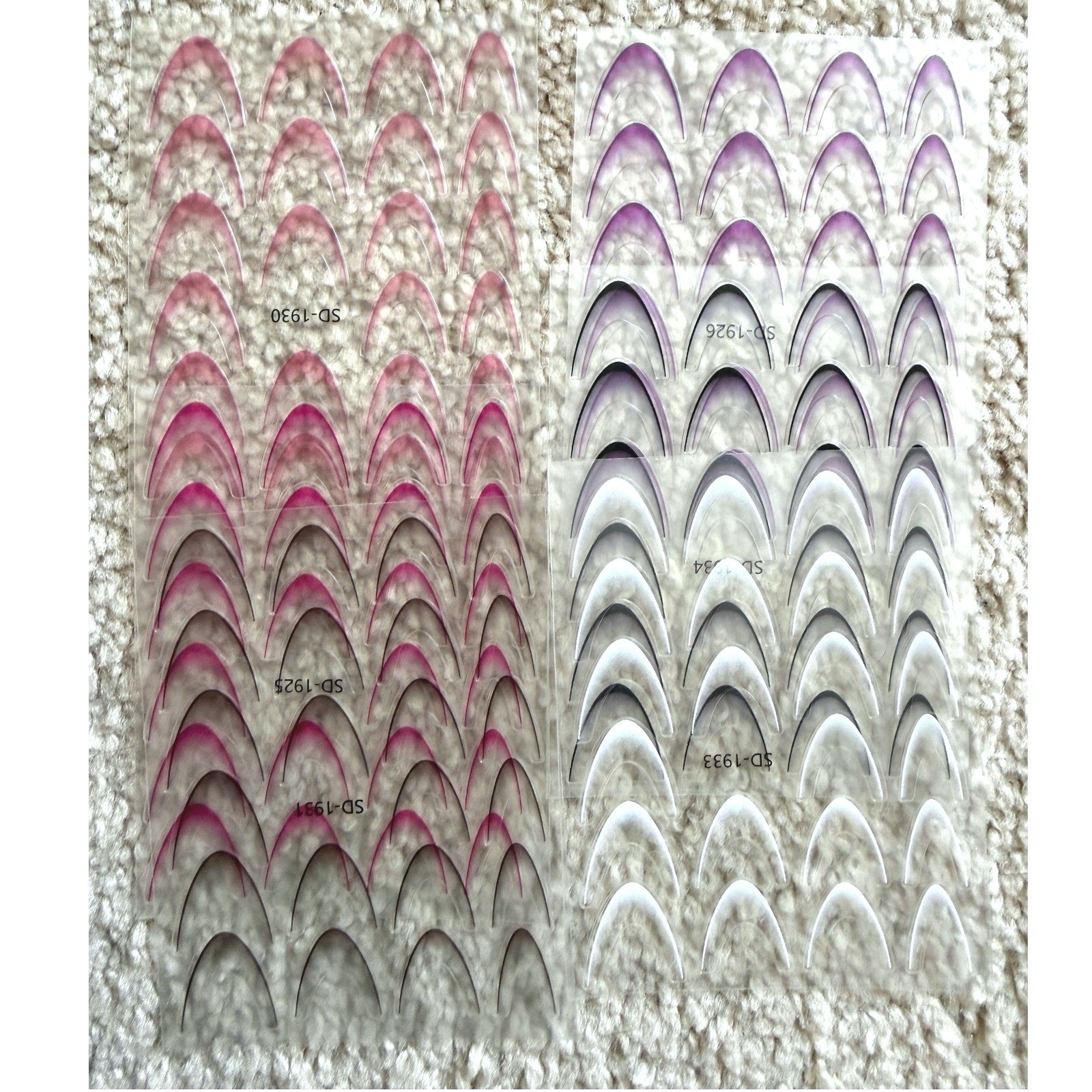 5D Nail Stickers Gradient Arched French Tip Decals Purple Pink White 6 Sheets