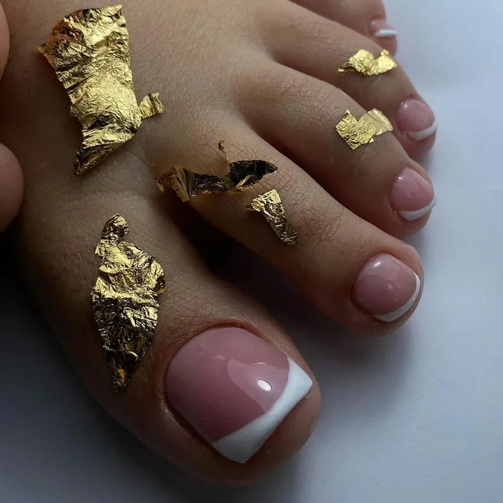 24pcs French Toe Nails:Glitter Diamond Short Press on Toenails