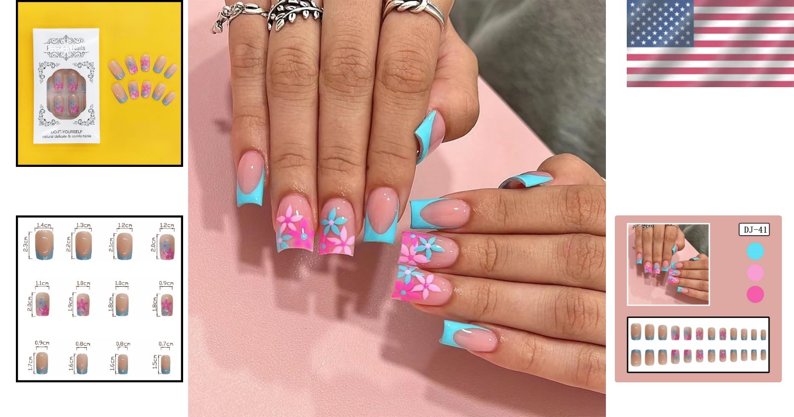 Stylish 24pcs Blue Floral French Tip Fake Nails – Perfect for Any Occasion