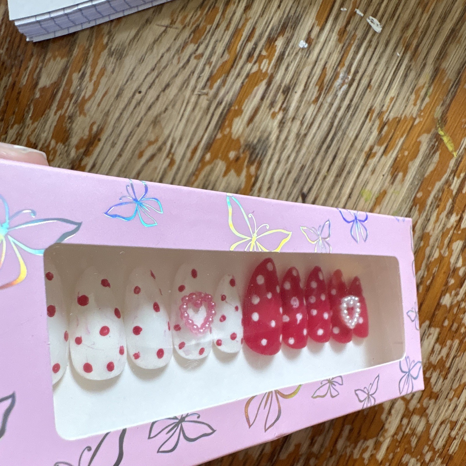 Pink White Polka Dot Heart 3D Pre-Designed Full Cover Almond Press-On Nails