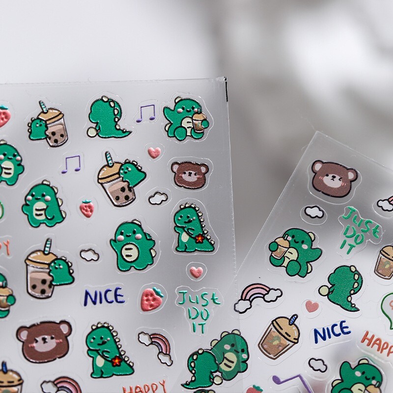 5D Cute Dinosaur Nail Stickers, Cartoon Dinosaur Nail Decals, Bubble Tea (24)
