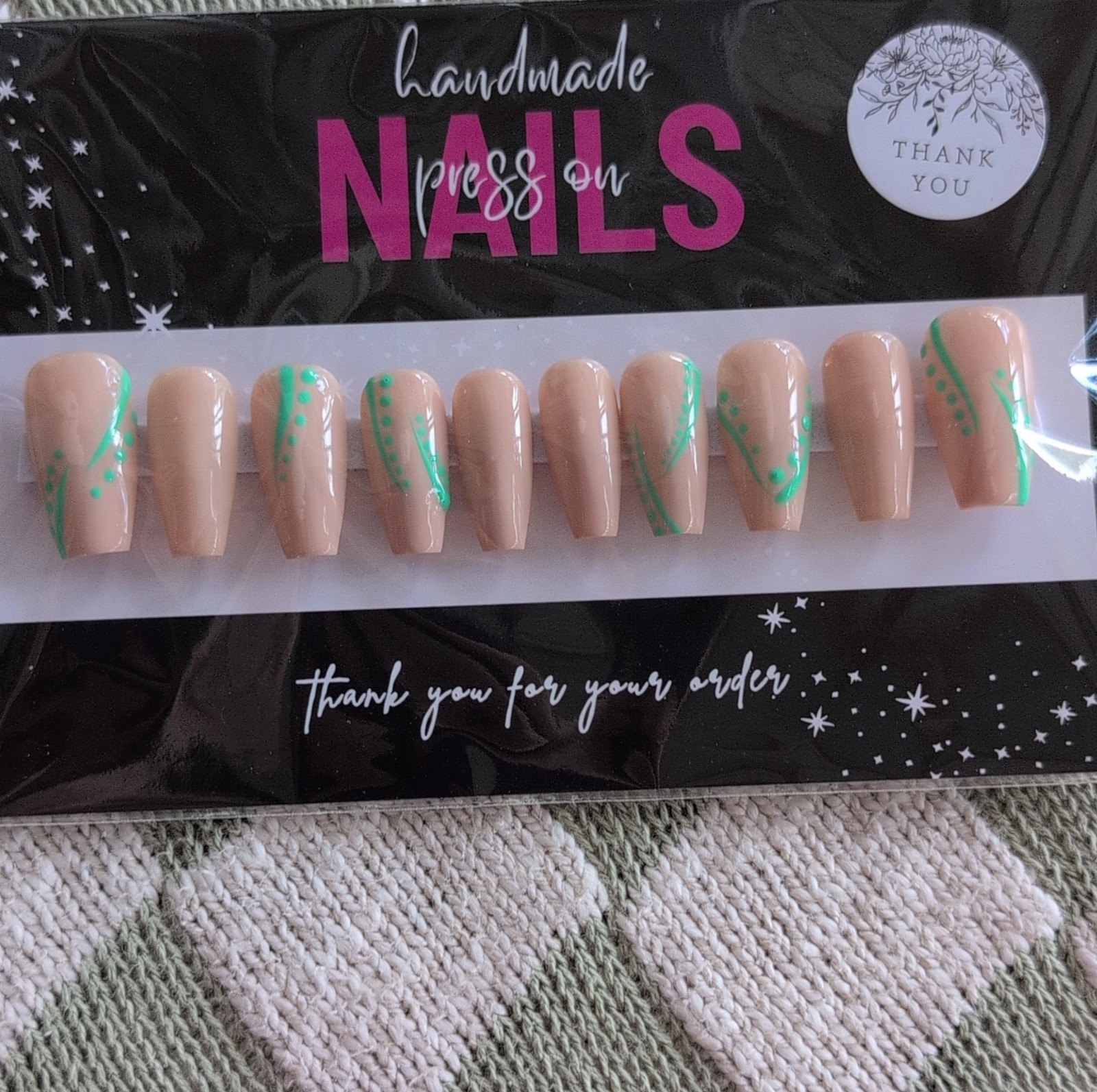 Press-On Nails Handmade Long Coffin Beige Green Sized Medium