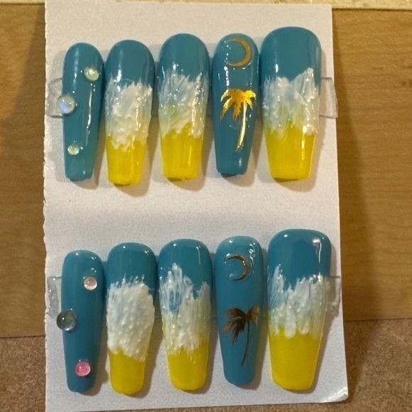 Tropical Beach Press On Nails Long Coffin Blue Yellow Wave Palm Tree 10pc Set