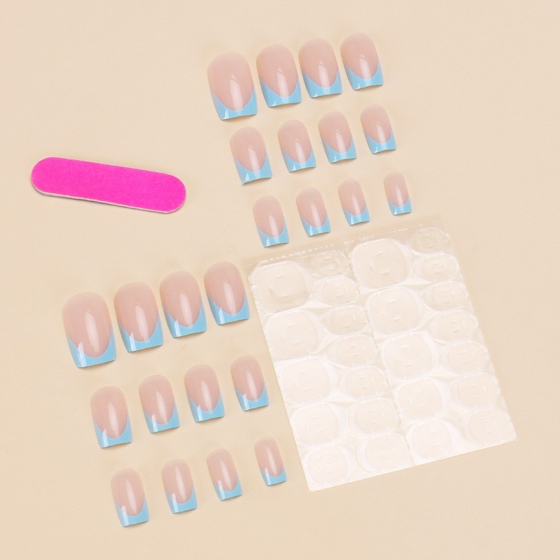 48pcs-Nude Pink & Light Blue French Press on Nails, Short Square Glossy Finish