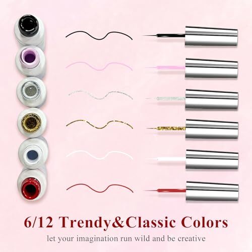 Nail Art Liner Set 6 Pcs Black White Red Gold Silver Glitters Colors Luxury