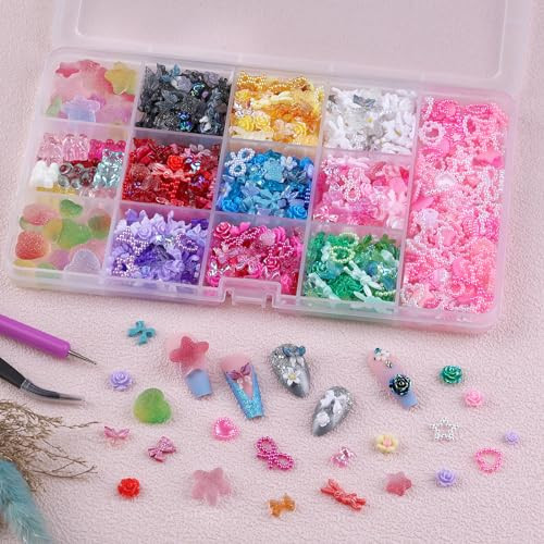 3D Nail Charms Set 9 Colors Flower Butterfly Bow Rabbit Nail Gems Mixed Color 1