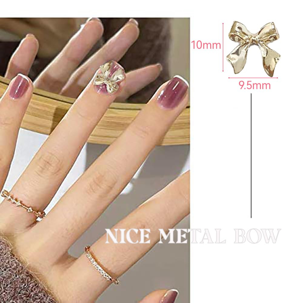 50Pcs Gold Metal 3D Bow Nail Charms for Women & Girls, Nail Art Rhinestones Deco