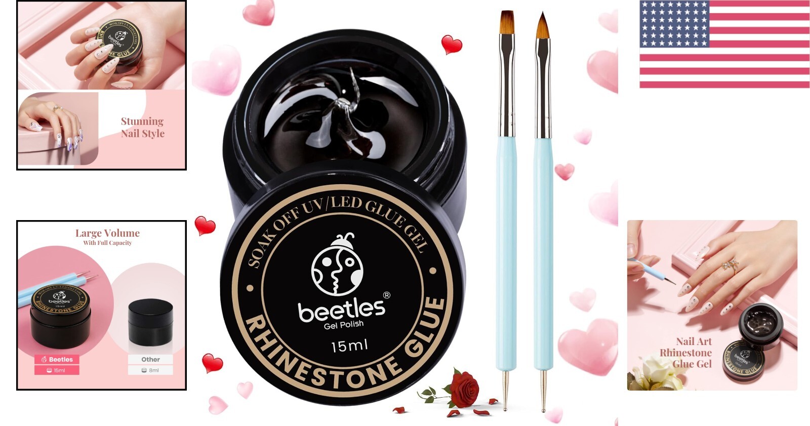 Beetles Rhinestone Nail Art Glue with Dual Brush Set – Perfect Gift for Girls