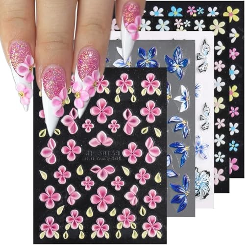 5D Flowers Nail Art Stickers, 5PCS Embossed Pink Blue Flowers Colorful-01