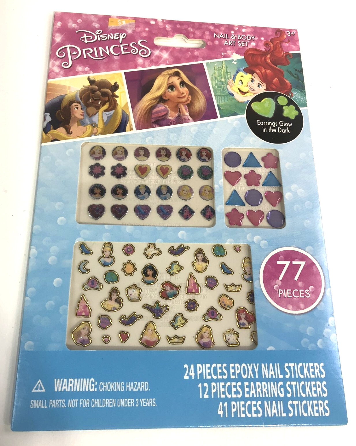Disney PRINCESS Nail & Body Art Set 77ct EARRING STICKERS & Glow in the Dark FSH