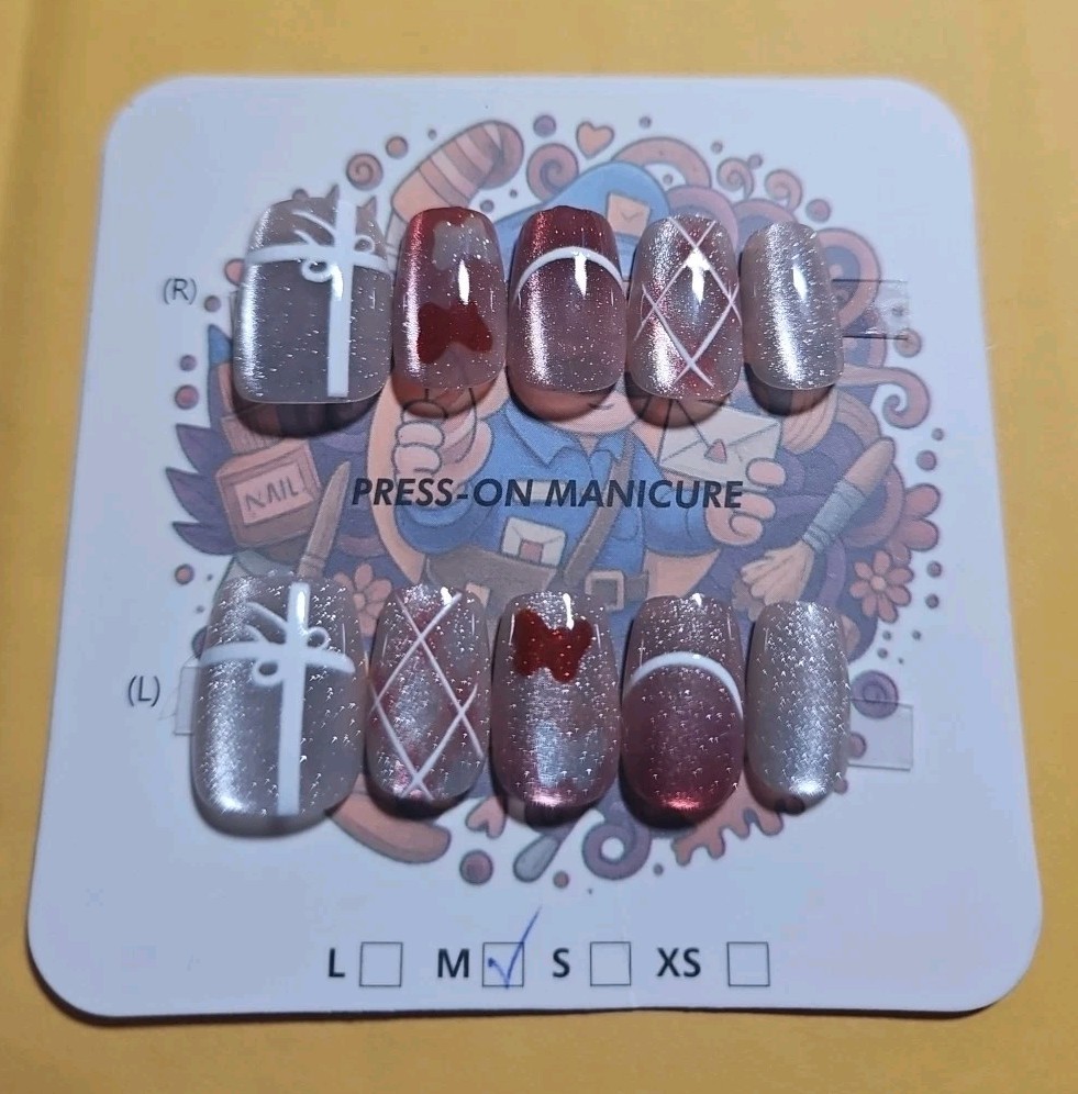 Press-On Manicure 10PCS Medium Round Brown, Red & White Nails