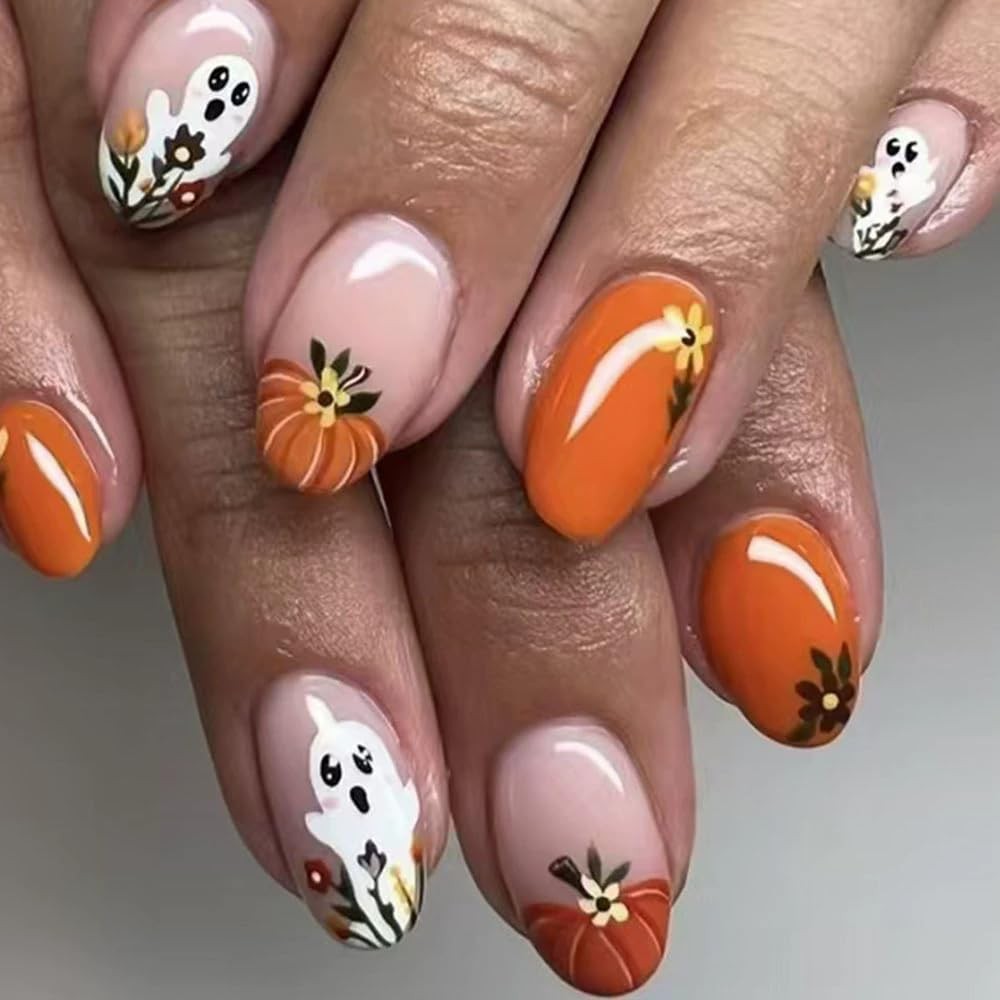 ONPRESS 24Pcs Halloween Press on Nails Short Almond Fake Multicolor