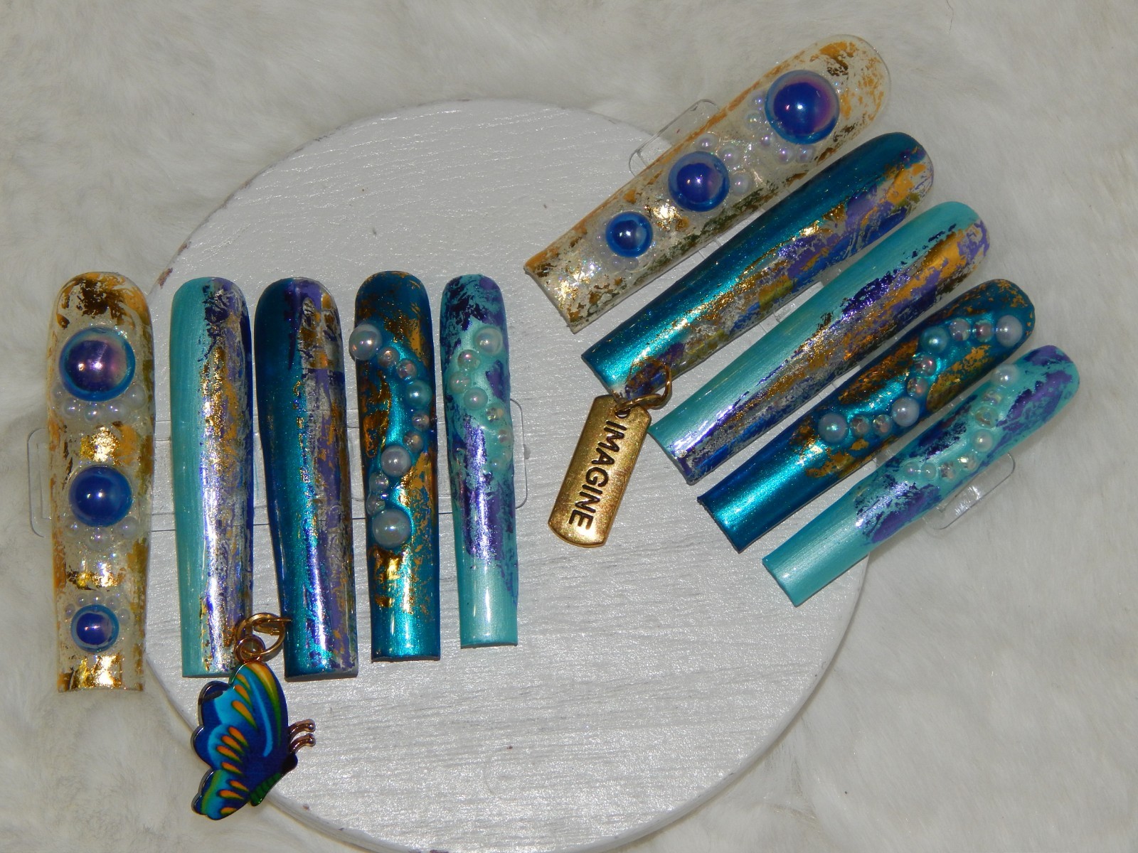 Luxury Handmade Press-On Nails I Reusable I Butterfly Blues I Square Shape l 3XL