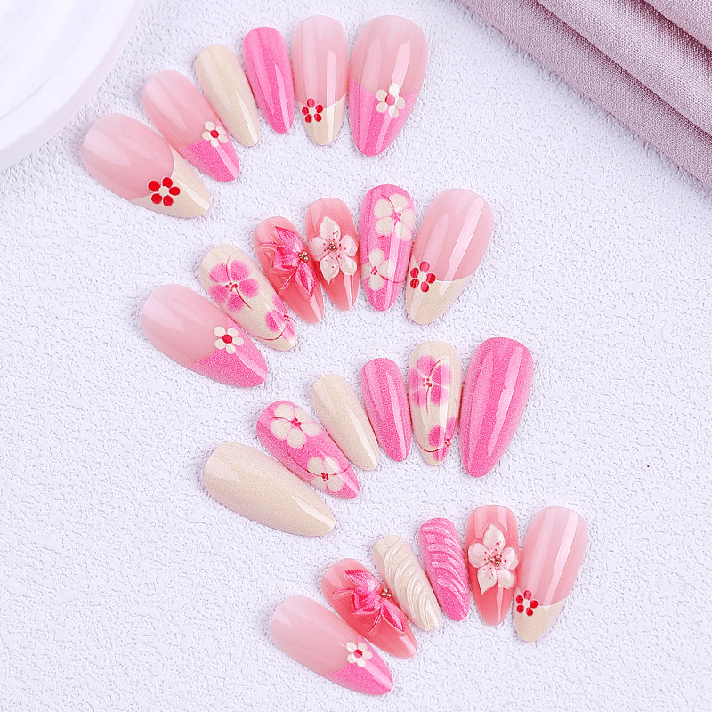 48pcs Almond Press on Nails, Pink Yellow 3D Flower Hand Paint Summer Nails