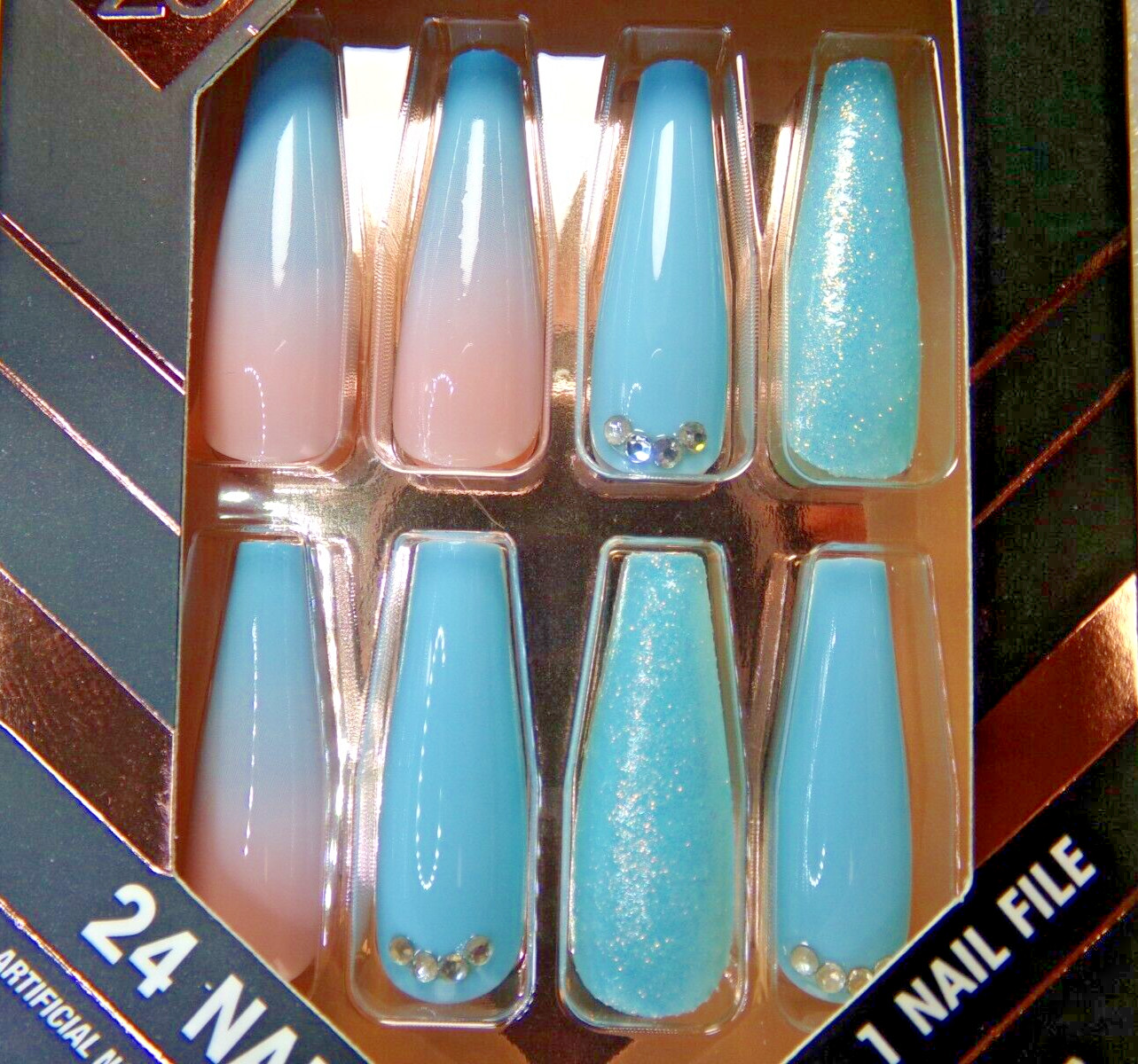 LA Color Lavish Nails Turquoise Blue with Gems, Glue on, Extra Long Coffin