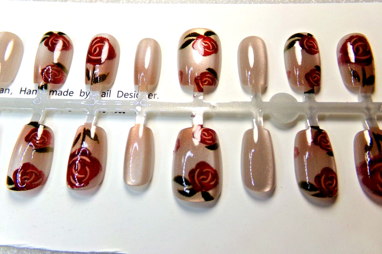 Micizian Nails Champagne Pink with Red Roses Design GLUE-On Short