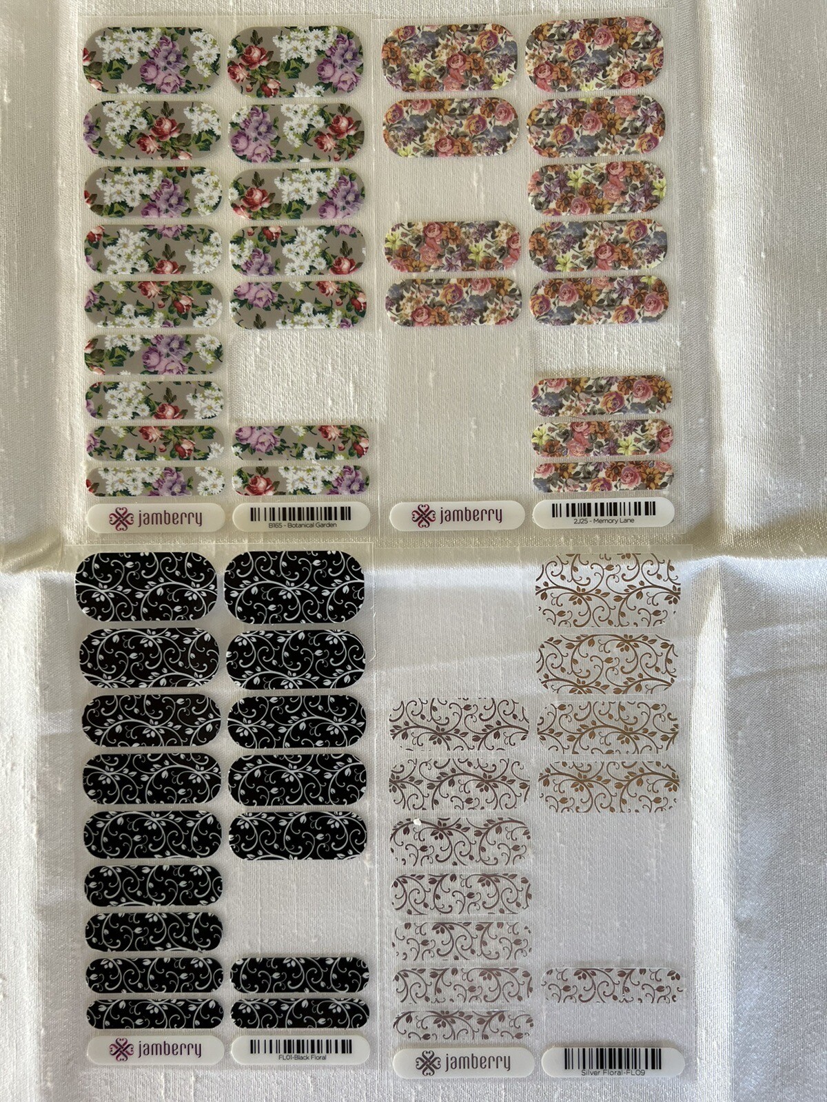 Jamberry Nail Wraps, Botanical Garden, Memory Lane, Black Floral, Silver Floral