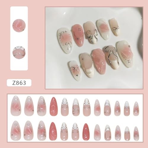 24Pcs Pink Press on Nails Medium Almond Fake Nails 3D Silver Bow Fake Nails-6